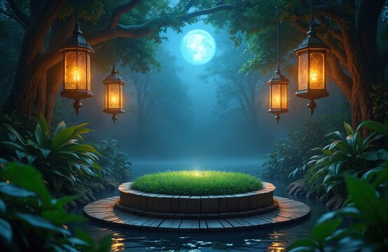 Mystical forest altar scene bathed in soft moonlight. Plants surrounds circular wooden platform with bright patch of grass. Ornate lanterns hang from trees, casting warm glows on tranquil, serene