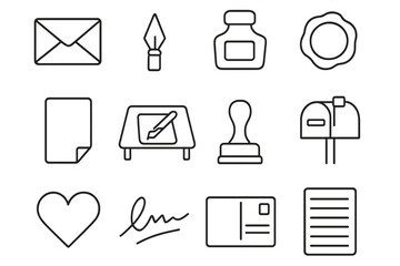 Iconic Writing Tools. Outline icon set of writing letters by hand: envelope, fountain pen, ink pot, wax seal,