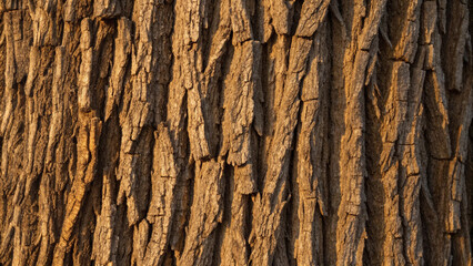 Obraz premium Detailed texture of rough, weathered tree bark in warm sunlight wood
