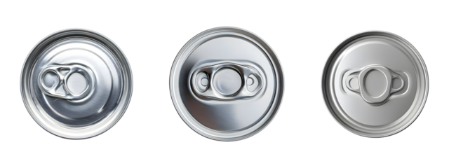 Set of top view Metal can lid with ring pull isolated on transparent background, cut out