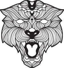 Obraz premium Intricate black and white line art illustration of a roaring panther head, showcasing detailed patterns and fierce expression.