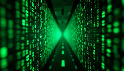 Futuristic Digital Tunnel of Green Binary Code.