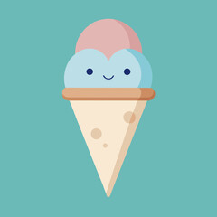 A delightful cartoon ice cream cone with two scoops of chocolate and vanilla sits on a vibrant blue background, a sweet summer dessert illustration
