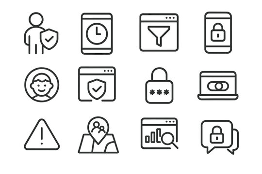Digital Safety Icons. Outline icon set of digital child safety: parental controls, screen time timer, content