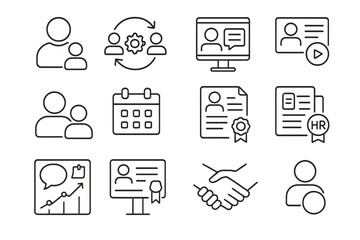 Workplace Mentorship Icons. Outline icon set of workplace mentorship programs: mentorship logo, match process,