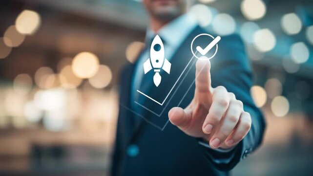 Entrepreneurs are on the cusp of business growth. Planning and launching a corporate startup, the Rocket icon is rapidly accelerating to achieve its growth targets. 4k video