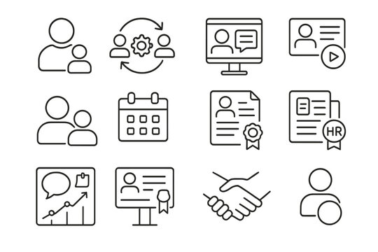 Workplace Mentorship Icons. Outline icon set of workplace mentorship programs: mentorship logo, match process,