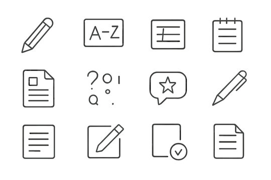 Writing Skills Icons. Outline icon set of writing skills development: pencil icon, grammar rule, sentence