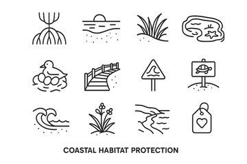Coastal Habitat Icons. Outline icon set of coastal habitat protection: mangrove roots, sandy beach, dune grass
