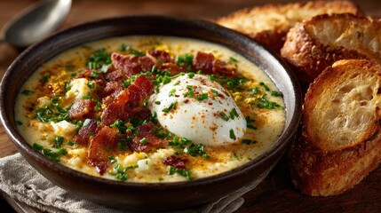 Creamy Grits Bowl with Poached Egg, Bacon, and Chives Close Up
