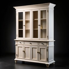 Cream colored hutch cabinet with glass doors and ornate details