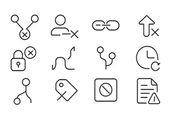 Troubleshooting Icon Set. Outline icon set of troubleshooting version control issues: merge conflict, detached