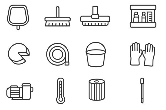 Pool Tools Icons. Outline icon set of pool maintenance tools: skimmer net, pool brush, vacuum head, test kit,