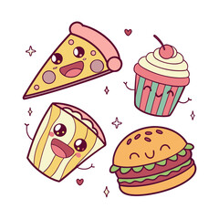 Cute kawaii fast food characters set

