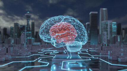 Futuristic ai brain in digital cityscape with neural network technology