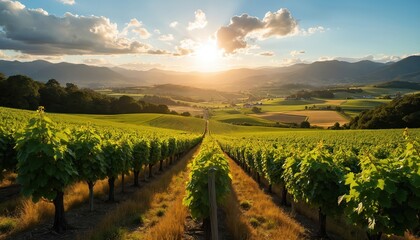 Fototapeta premium Expansive vineyards bathed in golden sunlight, rows of rich green grapevines stretch towards rolling hills, distant mountains. Landscape suggests viticulture, wine production, scenic tourism