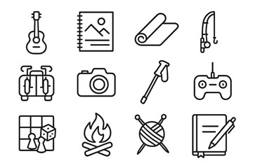 Van Life Icon Set. Outline icon set of van hobbies and activities: travel guitar, sketchbook, yoga mat,