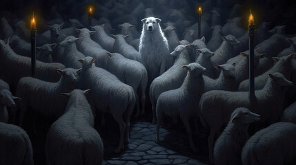 Obraz premium The gray wolf is a shepherd in sheep's clothing, a cunning predator and hunter.