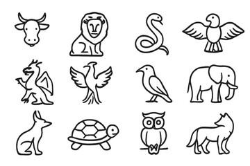 Obraz premium Mythical Animals Icon Set. Outline icon set of mythology and sacred animals: sacred cow, lion, snake, eagle,