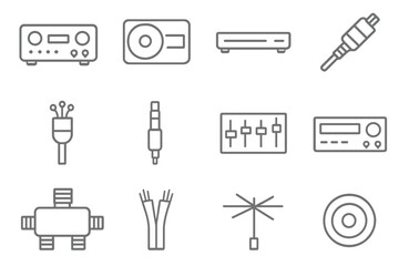 Fototapeta premium Audio Video Icons. Outline icon set of audio and video equipment: amplifier, CD player, Blu-ray player,