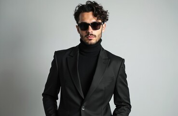 Obraz premium Serious man with beard wears sunglasses, black turtleneck, suit jacket. Confident male bodyguard stands with hands in pockets against grey studio background. Stylish, elegant look suggests