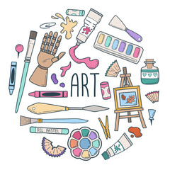 Hand drawn elements art supplies round composition poster.