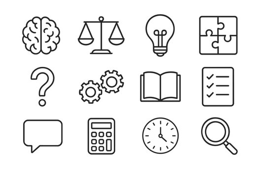 Reasoning Skills Icons. Outline icon set of reasoning skills: brain, scale, light bulb, puzzle pieces,
