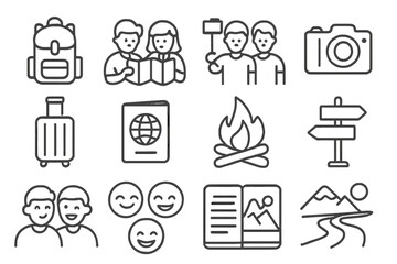 Travel Adventure Icons. Outline vector icons of friends traveling together: backpack, map, group selfie,