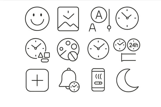 Clock Customization Icons. Outline vector icons of clock customization tools: change face skin, background