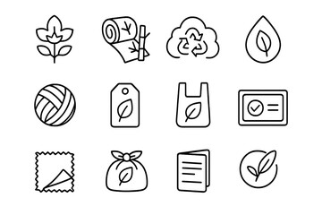 Sustainable Bedding Icons. Outline vector icons of sustainable bedding: organic cotton, bamboo duvet, recycled