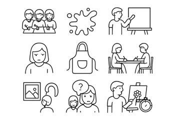 Fototapeta premium Art Workshop Icons. Outline vector icons of students at art workshops: group drawing, paint splatter,