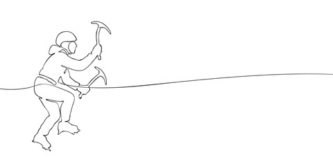 Ice climber with helmet and crampons using two ice axes. Minimalist continuous line vector illustration. Winter sport and Olympic Winter Games climbing concept.