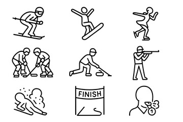 Winter Sports Icons. Outline vector icons of winter sports athletes: ski racer, snowboard trick, ice skater