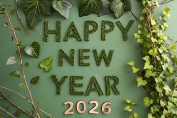 Eco-Friendly New Year: A natural and verdant New Year's greeting, with 'Happy New Year 2026' crafted from greenery, embodying environmental consciousness and fresh beginnings.