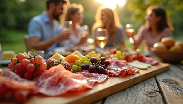 Friends enjoy outdoor summer gathering with delicious charcuterie board featuring fresh fruits, cheeses, cured meats. People relax in garden setting, sharing food, wine in warm sunlight, creating