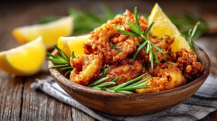 Delicious Fried Calamari with Fresh Lemon and Rosemary in Wooden Bowl