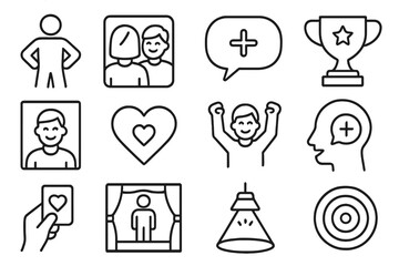 Confidence Icons Grid. Outline vector icons of building confidence and self-esteem: confident pose, mirror