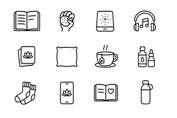 Self-Care Tool Icons. Outline icon set of mental health self-care tools: journal, stress ball, therapy lamp,