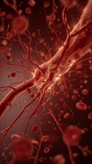 Vertical banner, wallpaper for social media of realistic depiction of a human bloodstream, showcasing the intricate network of veins and arteries, with red blood cells, white blood cells