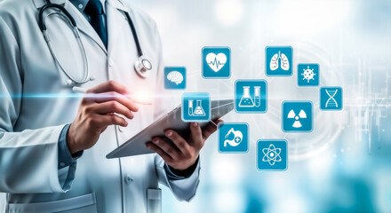 Doctor using a tablet with medical icons and futuristic interface, representing healthcare technology and digital medicine advancements