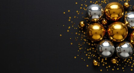 Festive arrangement of golden and silver christmas baubles scattered with sparkling confetti on a dark background
