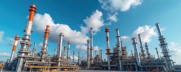 Vast industrial complex with towering refinery structures under clear blue sky with fluffy clouds. Tall distillation towers, pipes, machinery indicate complex processing for oil, gas extraction,