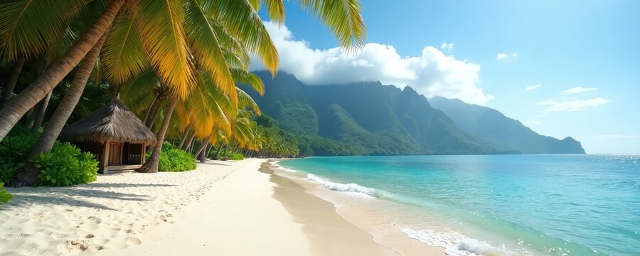 Tropical island paradise beach with white sand, turquoise water, and rich green mountains. Swaying palm trees frame a secluded beachfront hut. Perfect for vacation, travel, and serene getaway themes.