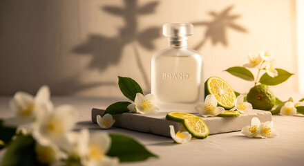 Elegant Perfume Bottle with Jasmine and Bergamot Still Life