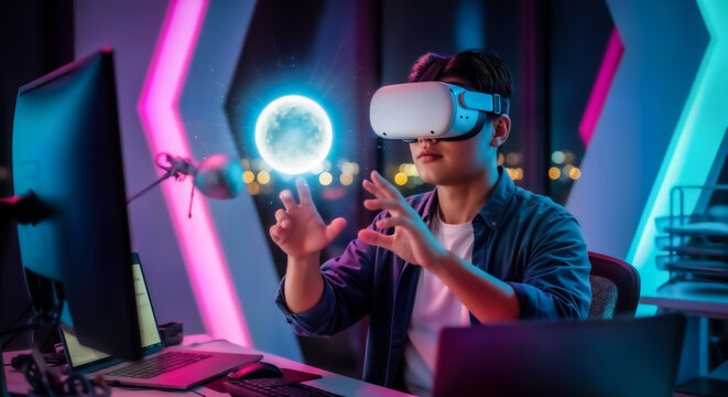 Young man wearing vr headset interacting with a glowing digital sphere in a futuristic office with neon lights, experiencing virtual reality technology