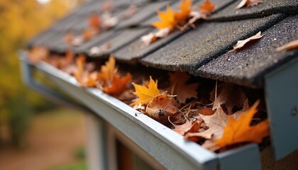 Close-up of house gutter filled with dry autumn leaves, debris. Asphalt roof shingles visible edge with debris accumulation. Fall season cleanup, home maintenance, seasonal yard work, clogged gutter.