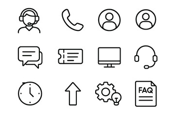 Tech Support Icons. Outline icon set of tech support call center: headset agent, phone icon, customer profile,