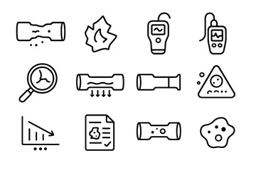Pipe Corrosion Icons. Outline icon set of pipe corrosion and wear detection: corroded pipe, rust flake,