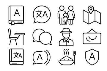 Language Icons Grid. Outline icon set of language immersion trips: dictionary, language bubble, host family,