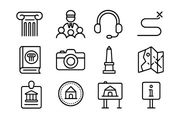 Heritage Tour Icons. Outline icon set of heritage site tours: ancient column, guided group, audio headset,